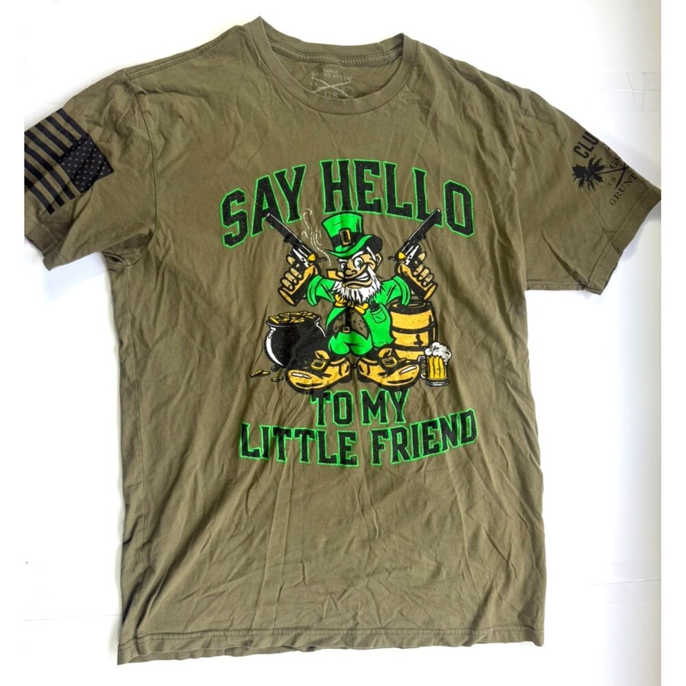Club Grunt Style Shirt Mens Large Leprechaun Say Hello to My Little Friend Olive